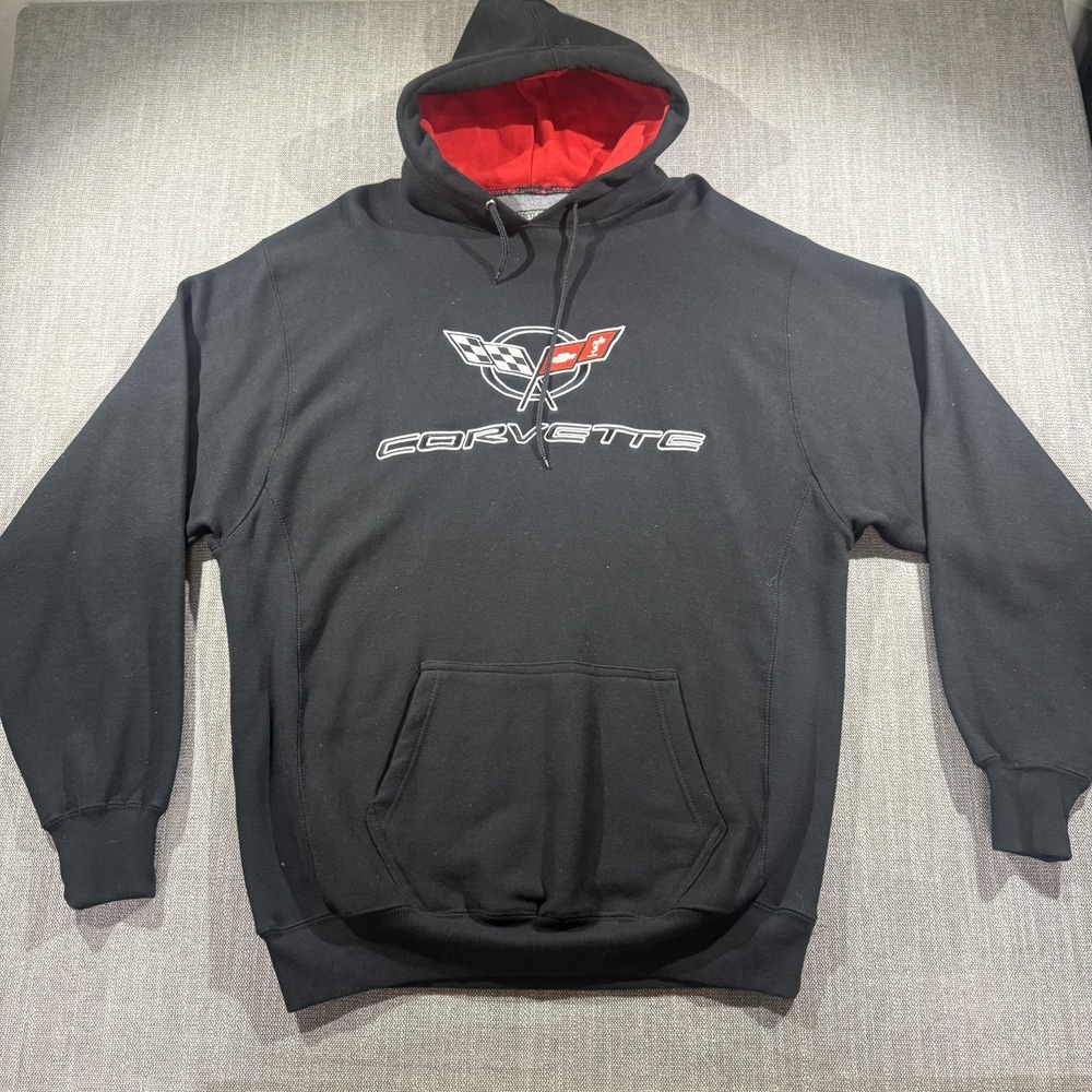 Steve & Barry's Corvette Hoodie Mens XL Black Logo Pullover Fleece Sweatshirt
